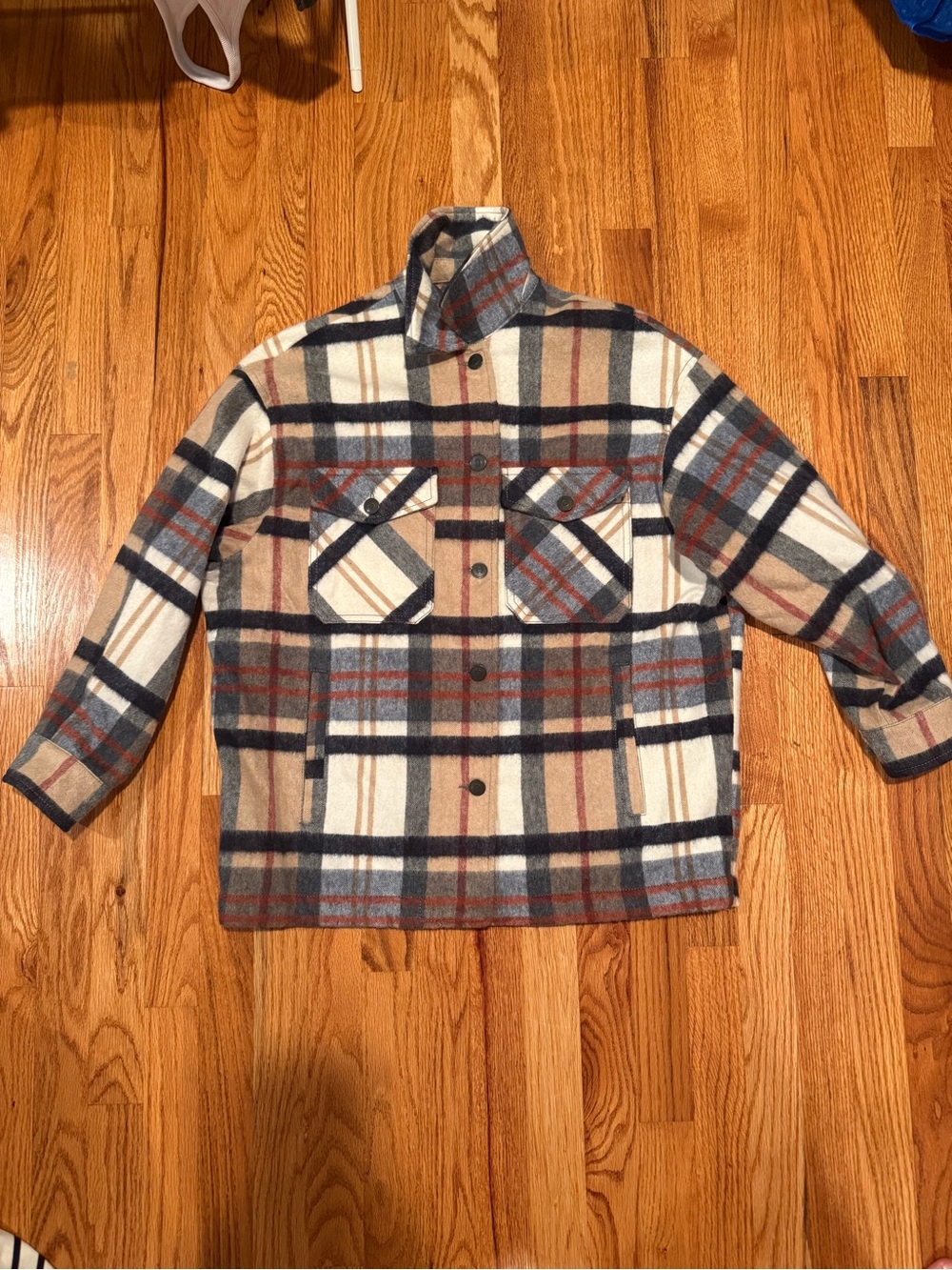 Zara Cream, Navy & Brown Plaid Shirt Jacket